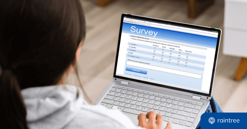 A physical therapy patient completes a digital survey on a laptop screen. Illustrating the topic: "How to Gather Valuable Patient Survey Feedback."