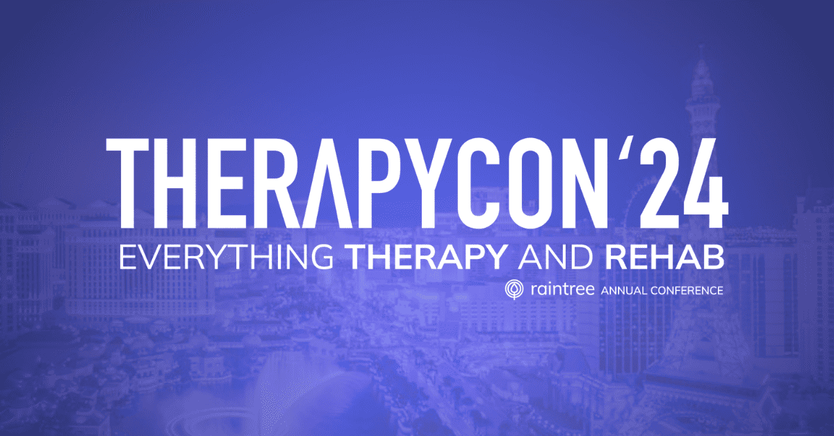 A Purple Background With The Las Vegas, Nevada Skyline. In The Foreground, The Therapycon Logo Reads &Quot;Everything Therapy And Rehab. Raintree Annual Conference.&Quot;