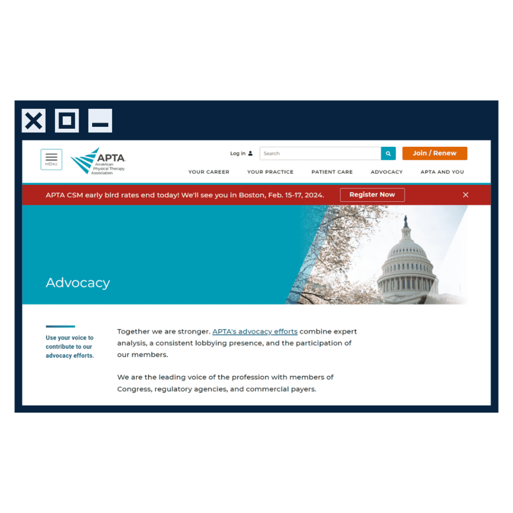Top Issues In Rehabilitation And Physical Therapy Advocacy, Today 2 A Browser Mockup With The Apta Advocacy Page.