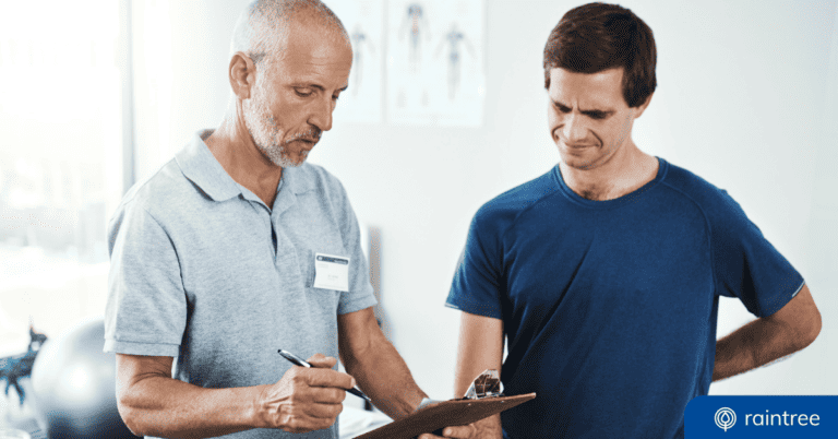 A physical therapist meets with a new patient, who has a pained expression. Illustrating the topic: "Attracting New Patients to Your Outpatient PT, OT, SLP or Multi-Specialty Rehabilitation Therapy Practice."