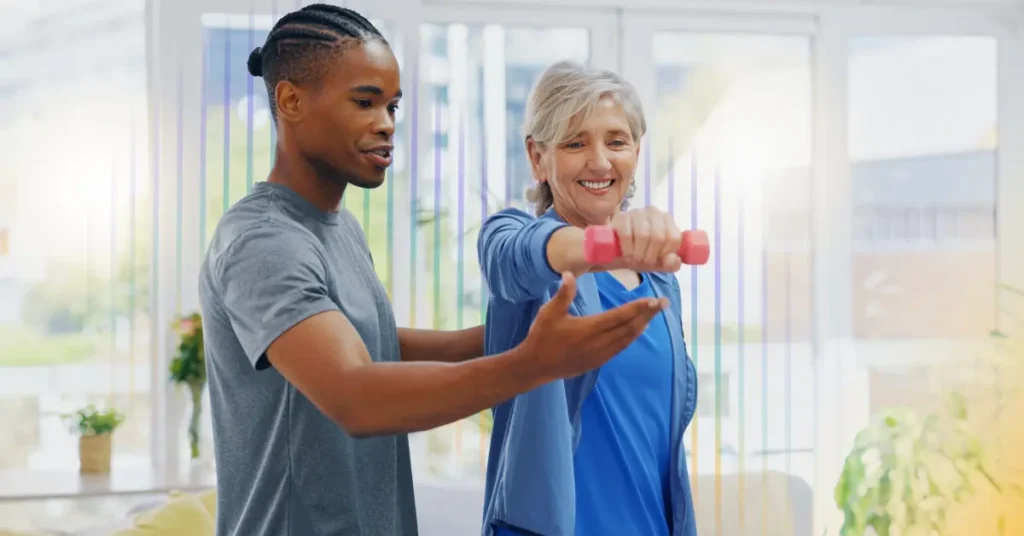 A physical therapist works with a patient who holds a dumbbell in front of herself, with ambient AI sound waves in the background, illustrating the topic of rehabilitation and physical therapy CPT codes and billing modifiers.