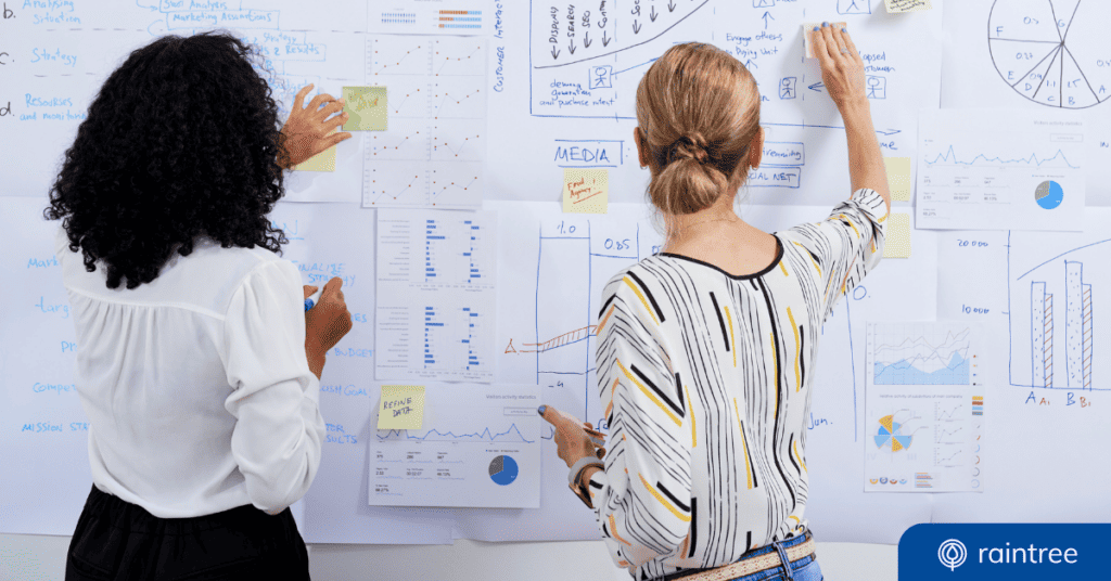Two people face a white board, which is full of physical therapy marketing ideas. Illustrating the topic: "Direct Access Physical Therapy Marketing Strategies."