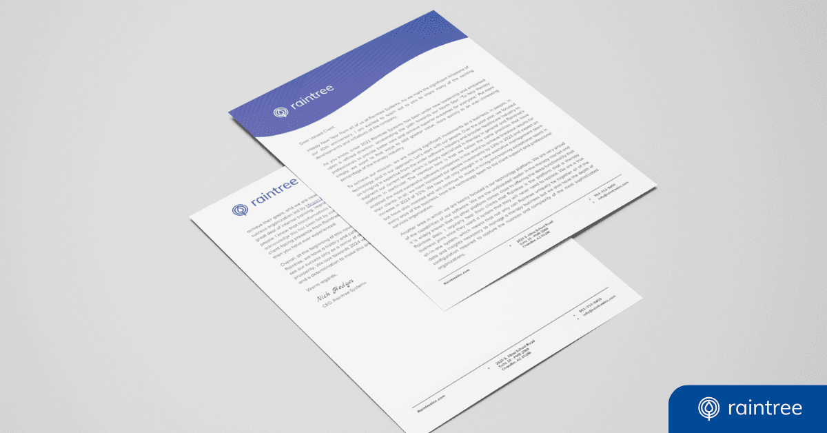 Two Pages On A Simple Gray Background, A Mockup Of The January 2024 Raintree Systems Ceo Letter By Nick Hedges.