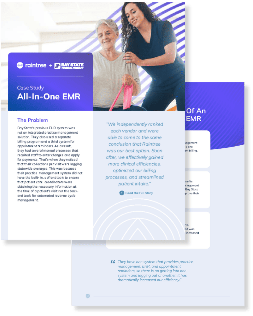 A Mockup Of Two Pages Of The Bay State Physical Therapy Case Study With Raintree Systems.