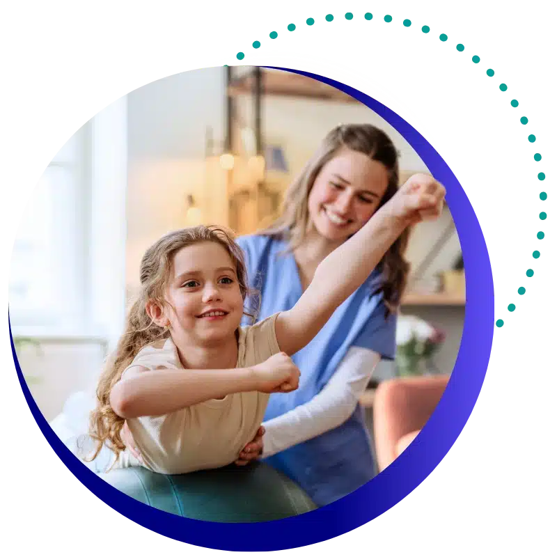 Pediatric Therapy 1 Pediatric Therapy Software Hero: A Physical Therapist Wearing A Blue Shirt Kneels Next To A Pediatric Therapy Patient, Who Is Performing A Lunge Exercise On A Yoga Mat.