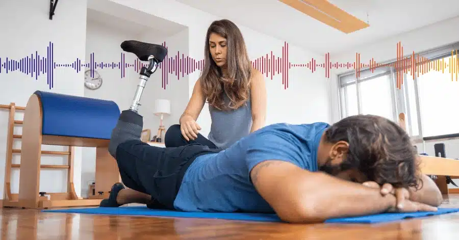 A Physical Therapist Works With A Patient Who Lies Face Down On The Ground, Raising His Prosthetic Leg. Sound Waves In The Background Illustrate The Topic Of Native Ai Solutions For Rehabilitation Therapy.
