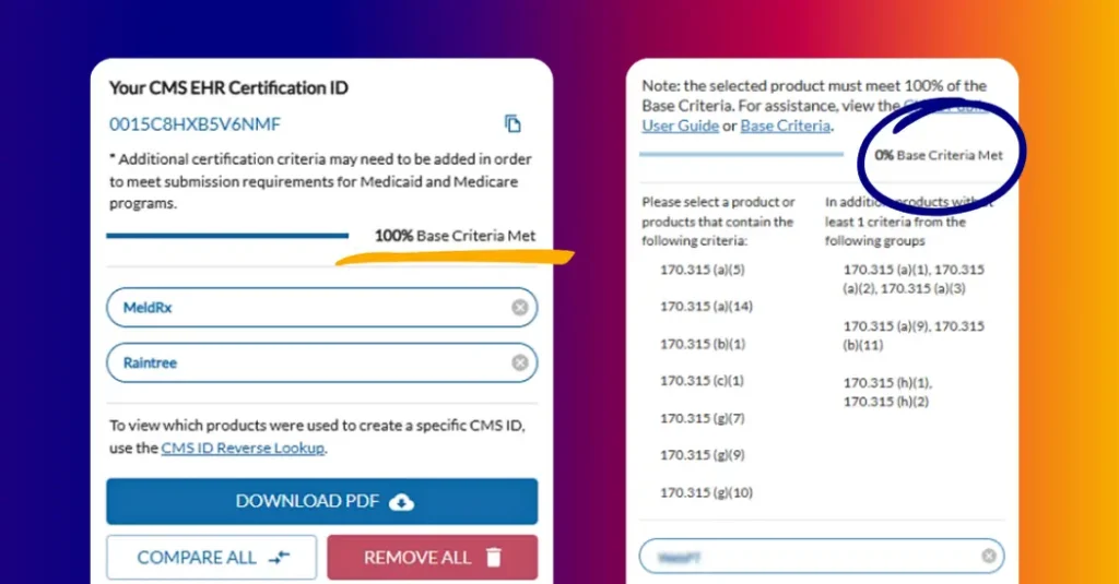 Onc Certification Base Criteria Met: Chpl Lookup Showing Raintree Meeting 100% Of Requirements.