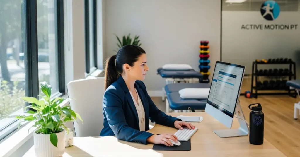 A physical therapy practice owner works with a reporting dashboard, illustrating the topic of using Raintree Business Intelligence for PT practice growth.