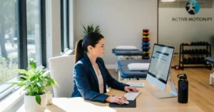 A physical therapy practice owner works with a reporting dashboard, illustrating the topic of using Raintree Business Intelligence for PT practice growth.
