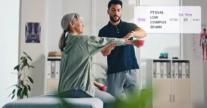 A physical therapist completes an initial evaluation with a patient, and CPT code populates in the background. Illustrating the topic of revenue cycle health in PT and rehabilitation therapy.