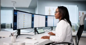 A healthcare administrator at her desk working with revenue cycle management.